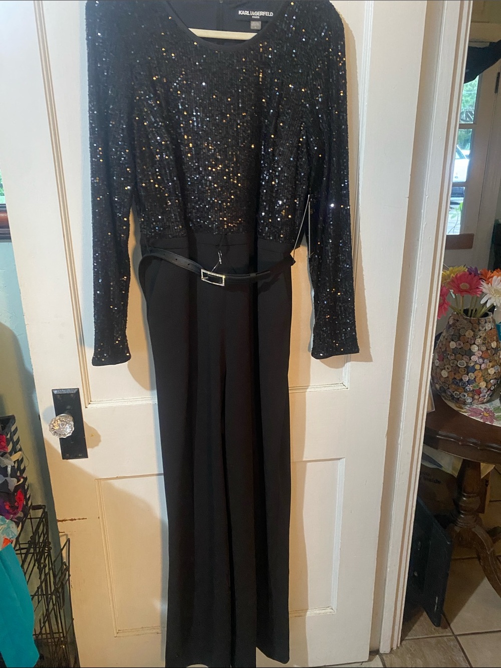 Karl Lagerfeld Black Sequin Long-Sleeve Jumpsuit with Belt